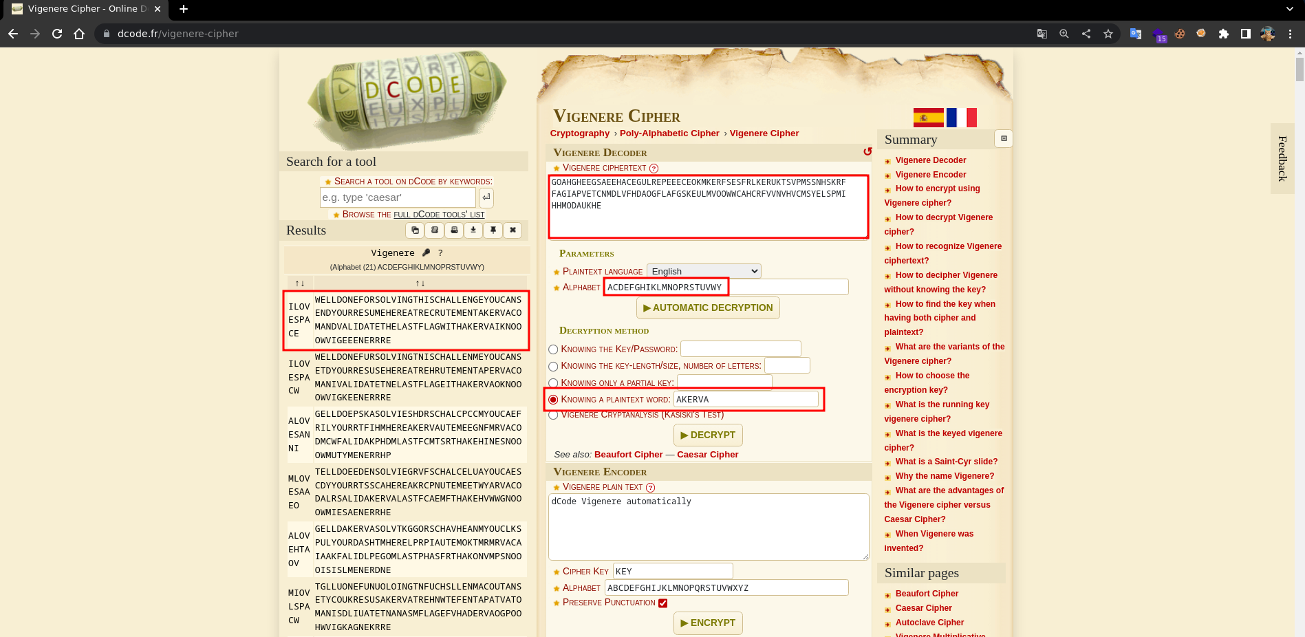 dcode.fr Vigenère solver — known-plaintext attack with AKERVA hint and reduced alphabet
