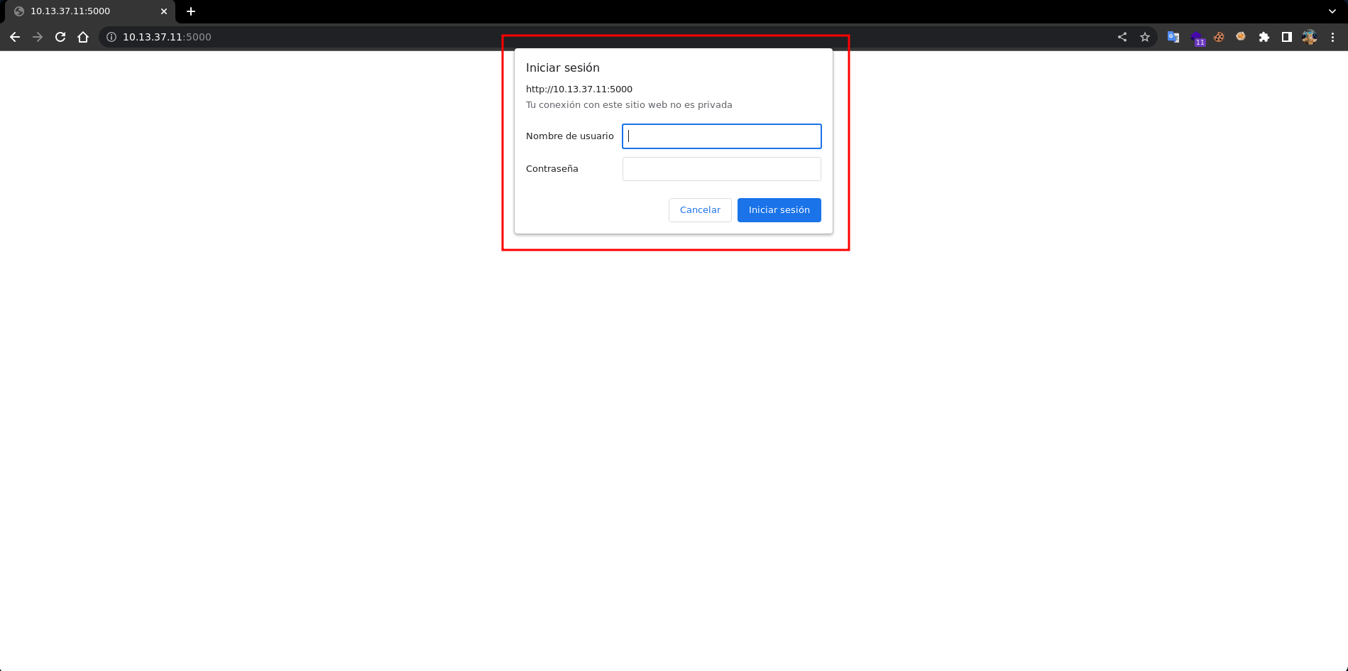 Port 5000 — HTTP Basic Auth prompt from the Flask app