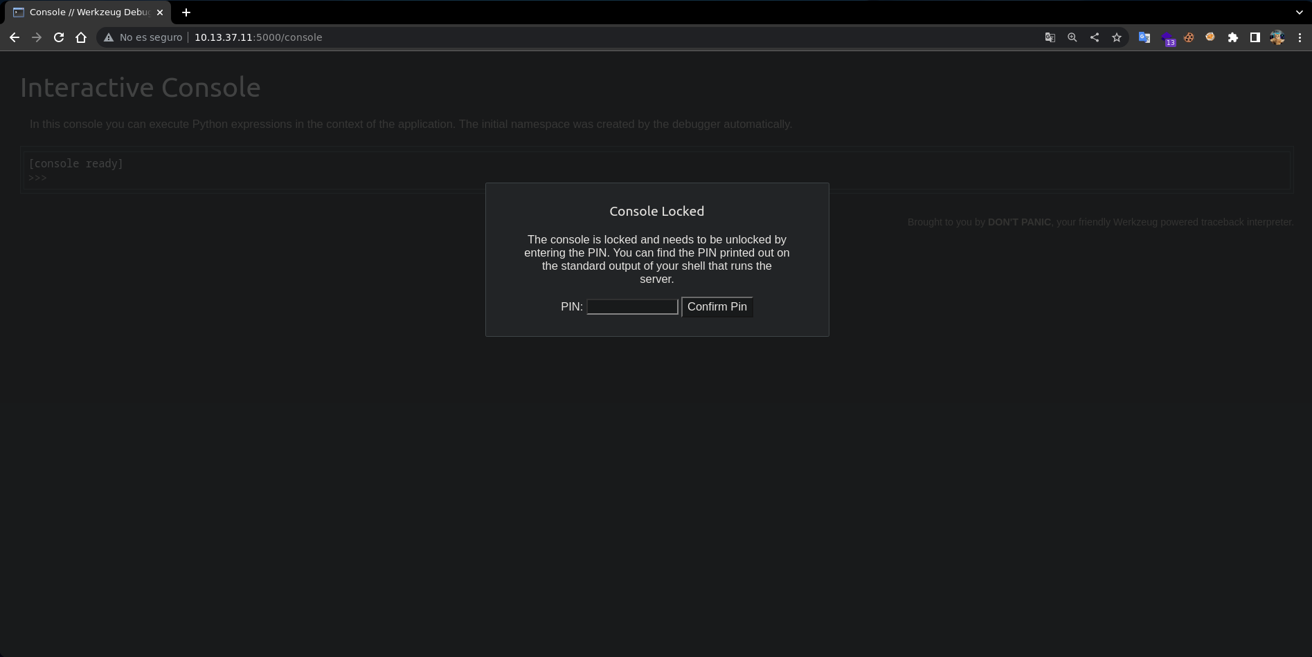 Werkzeug debug console at /console — locked behind a PIN prompt