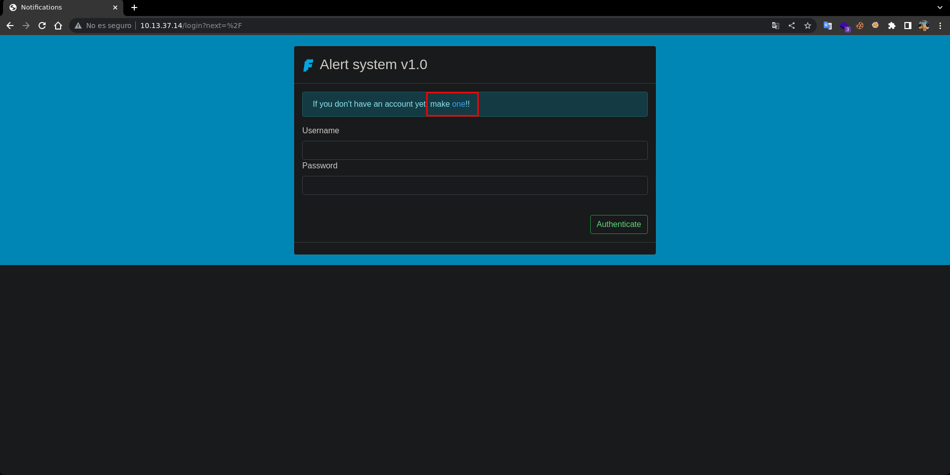 Alert System v1.0 — landing page. The red box highlights the "make one!!" registration link