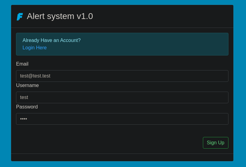 Sign Up form — test / test@test.test / test