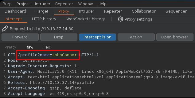 Burp intercept — the GET /profile?name=JohnConnor parameter is what populates the message template (this becomes the SSTI sink in Flag 2)