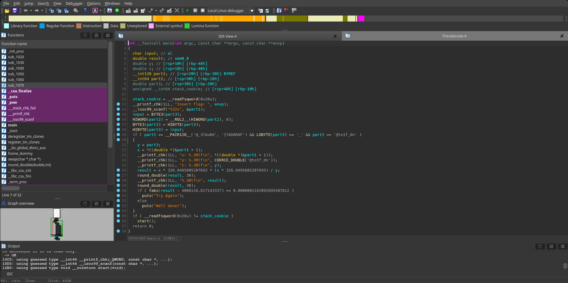 IDA Pro view of the crackme — main() function with double-precision math comparison, stack cookie, and the partially-visible flag literals (FARADAY + d0ubl3 + @nd_f1o@t)